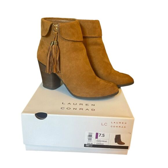 LC Lauren Conrad Sweatpea Cognac Stacked Heat Ankle Bootie Womens Size 7.5 - Picture 1 of 13